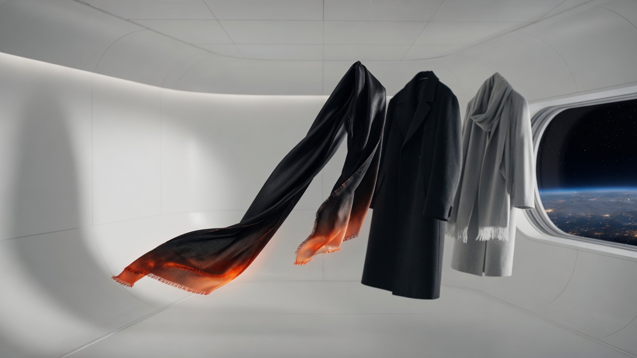 SKYYWARE campaign garments suspended in a quiet orbital atelier
